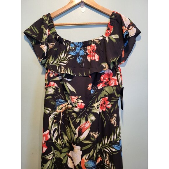 New Tropical Floral Bird Flutter Sleeve Maxi Dress Sz L Vacation Resort - Picture 2 of 8